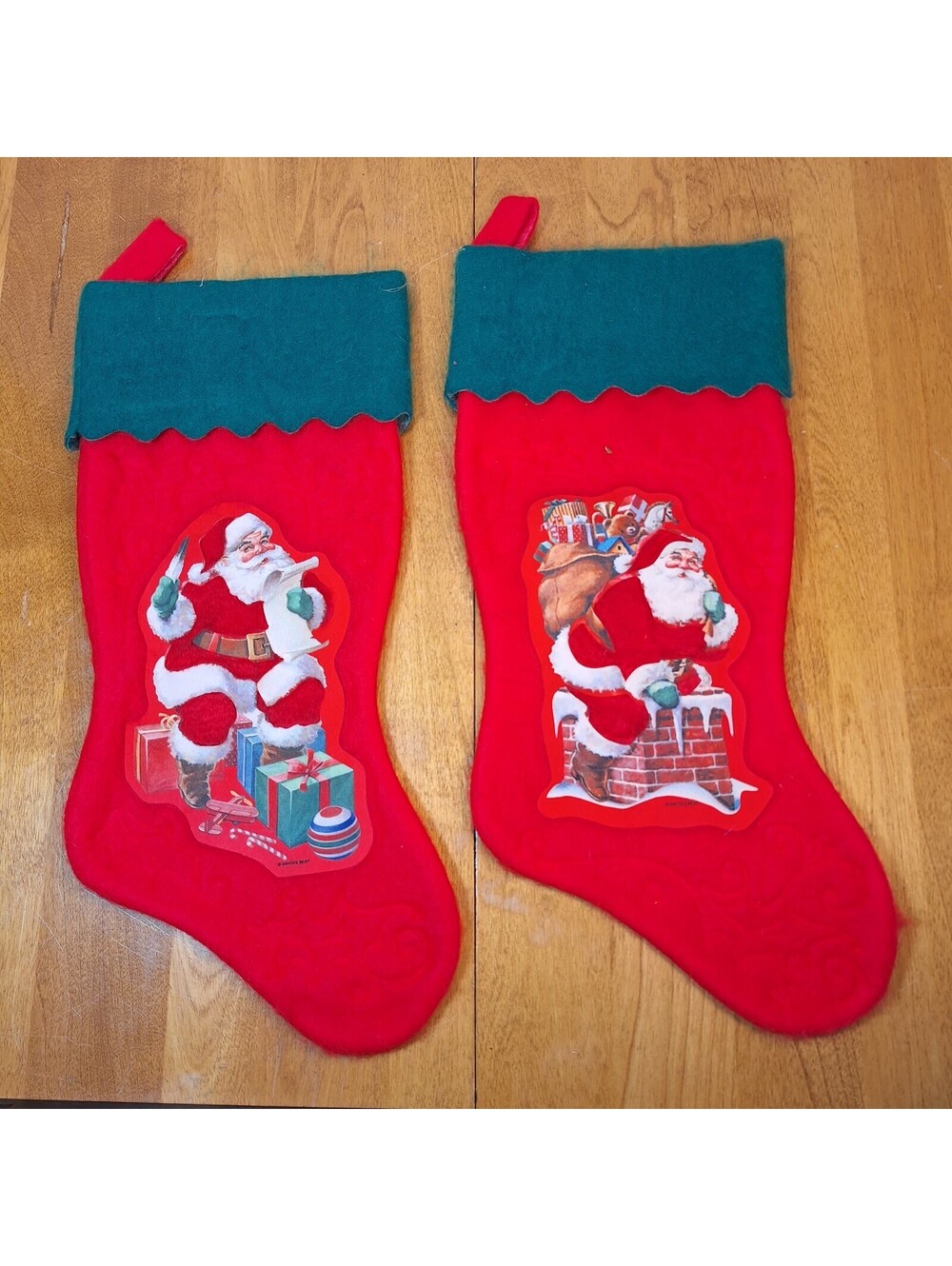 2 Vtg Santa's Best Christmas Stocking Embossed Felt Santa Present Bag Chimney